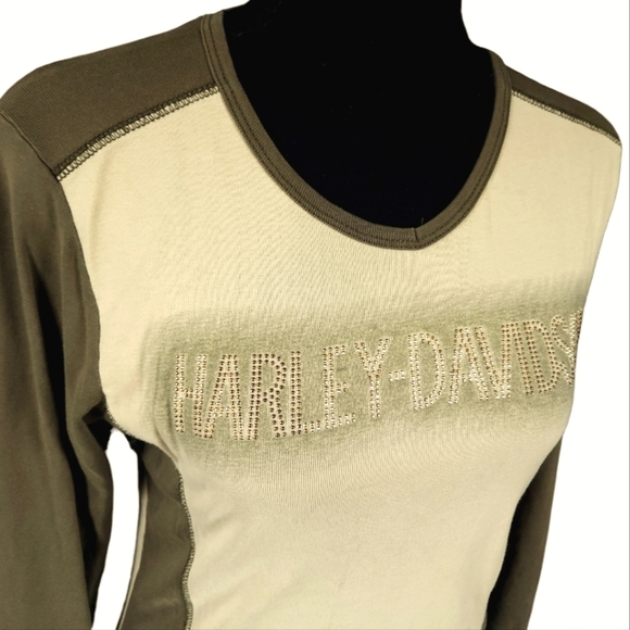 Y2K Harley Davidson Bling Spellout Long Sleeve Biker Top Sz S - Picture 1 of 7